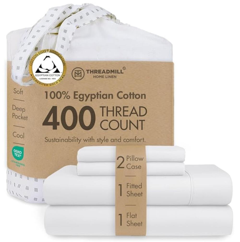 4 Piece Threadmill 400 Thread Count 100% Egyptian Cotton Queen Sheet Set- White